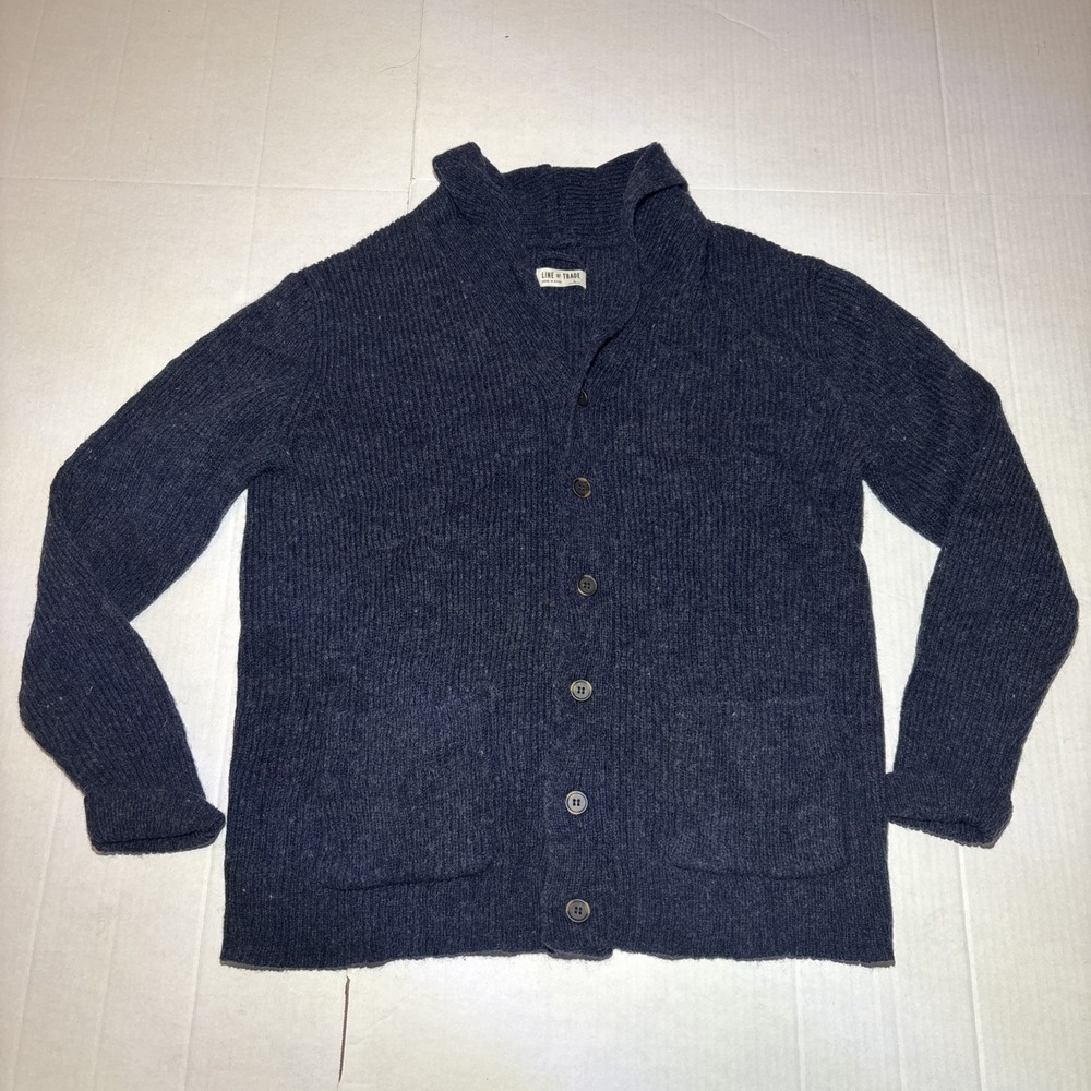 Line of Trade Navy Grandpa Pocket Sweater Knit 100% Shetland Wool Cardigan L